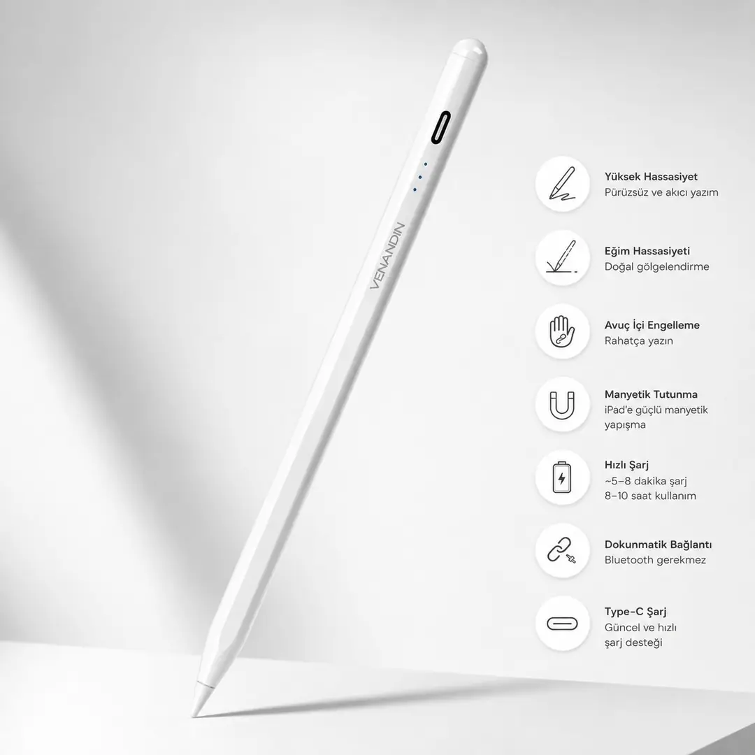 VENANDIN PENART iPad Kalemi – Stylus Pen – Basınç/Eğim Hassasiyeti, Avuç İçi Engelleme, Manyetik, Type-C