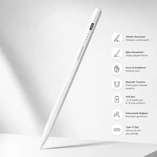 VENANDIN PENART iPad Kalemi – Stylus Pen – Basınç/Eğim Hassasiyeti, Avuç İçi Engelleme, Manyetik, Type-C