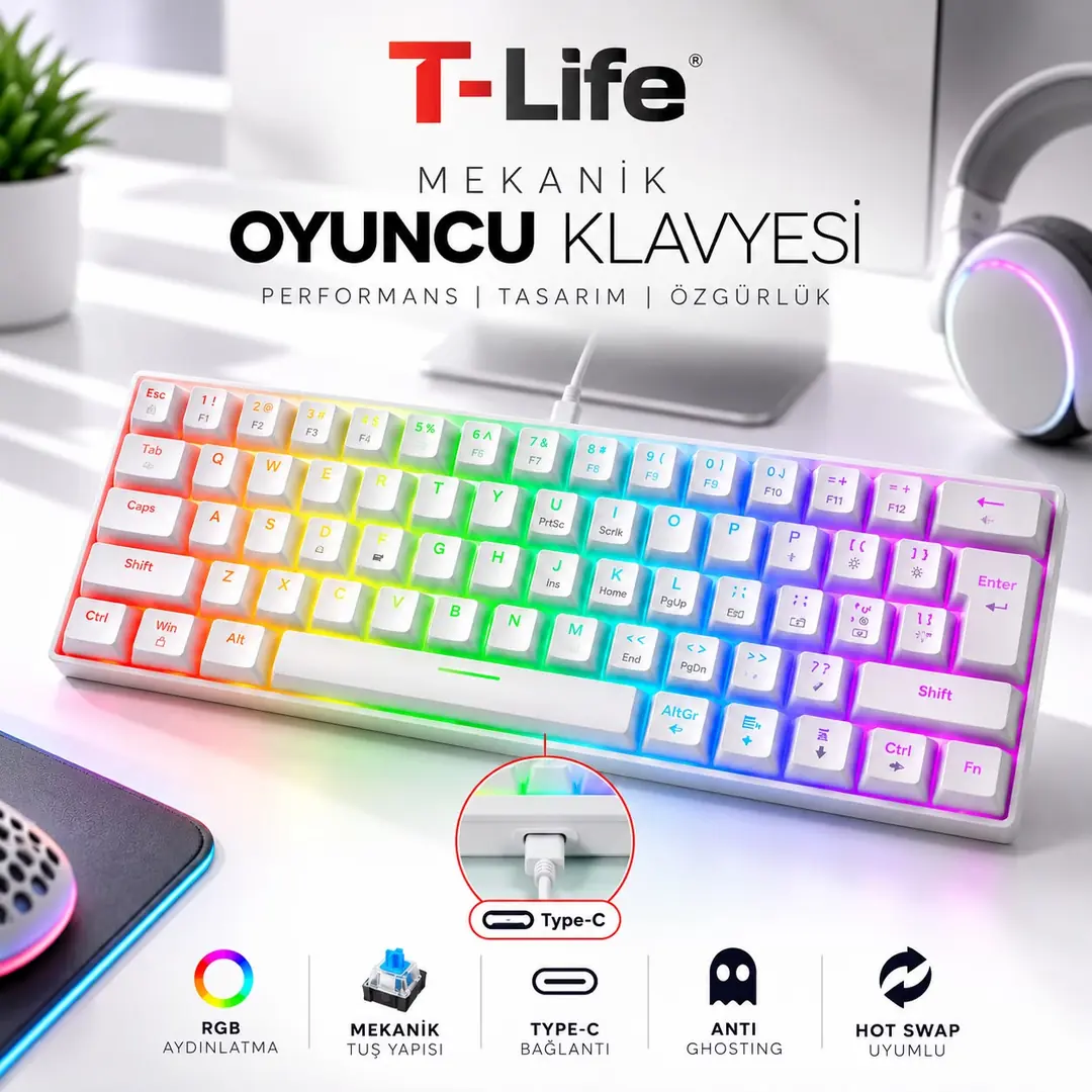 T-Life Beyaz RGB Mekanik Oyuncu Klavyesi – Type-C, Anti-Ghosting, Hot-Swap Uyumlu 3