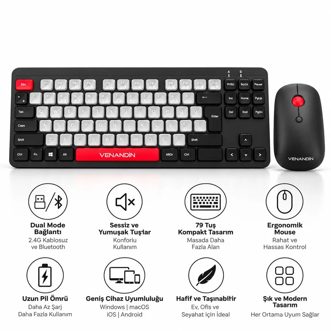 VENANDİN Dualist Kablosuz Klavye Mouse Seti – Bilgisayar ve Tablet Uyumlu, Bluetooth + 2.4G, Türkçe Q 2