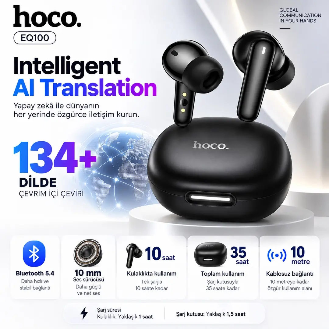 HOCO EQ100 AI Çeviri Kulaklığı Bluetooth 5.4 TWS Kablosuz Kulak İçi Kulaklık, 134+ Dil Çeviri, 35 Saat Pil Ömrü, Uygulama Kontrollü  3