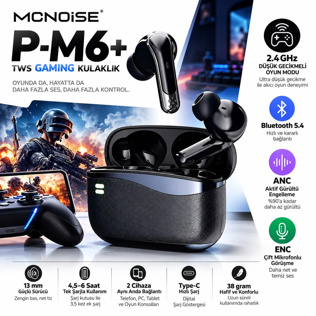 MONOISE P-M6+ TWS Gaming Bluetooth 5.4 Kulaklık | 2.4GHz Düşük Gecikme | ANC + ENC | 13mm Sürücü | 4 Mikrofon | 2