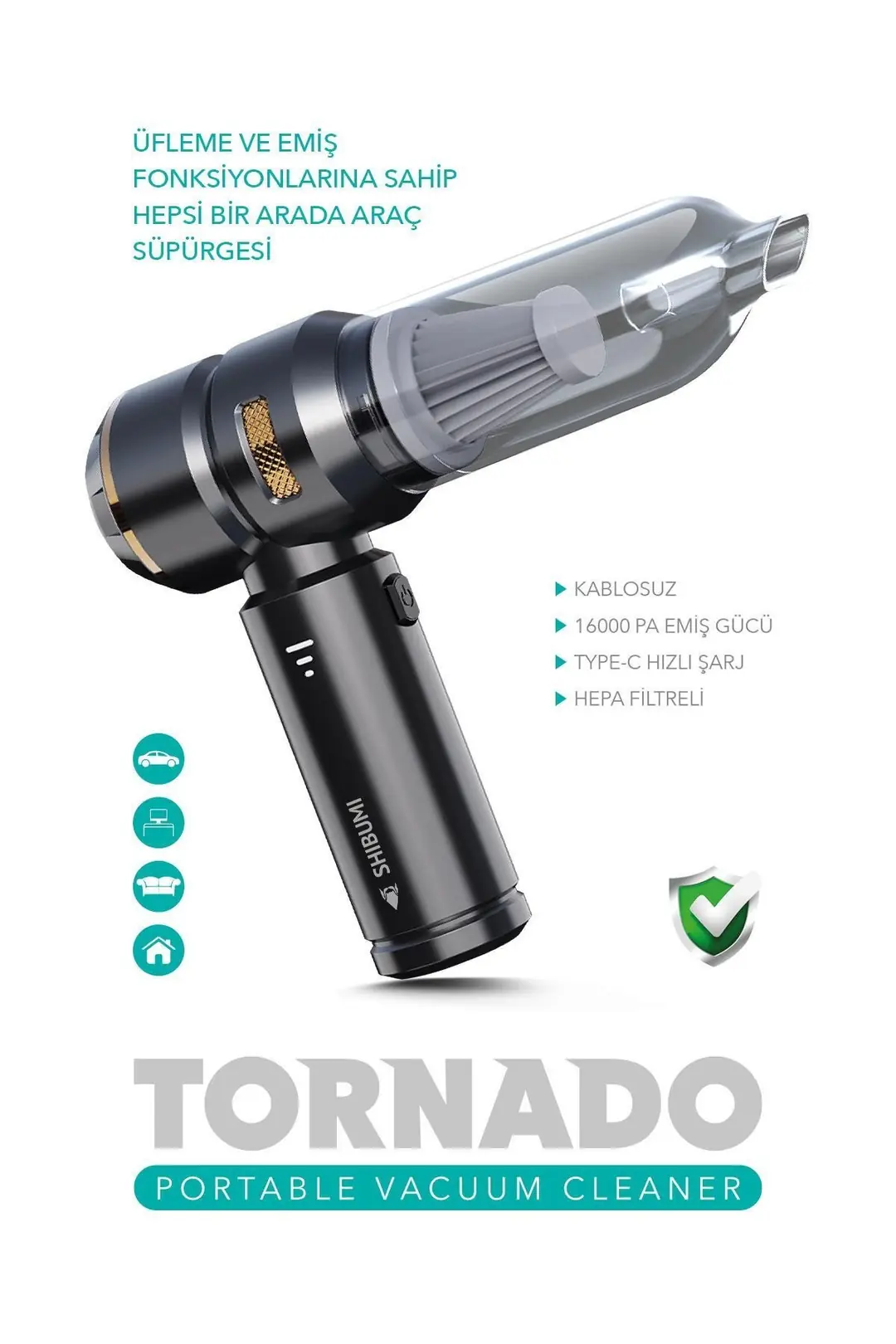 Tornado 100W Şarjlı Kablosuz Araç İçi Süpürge GARANTİLİ 3