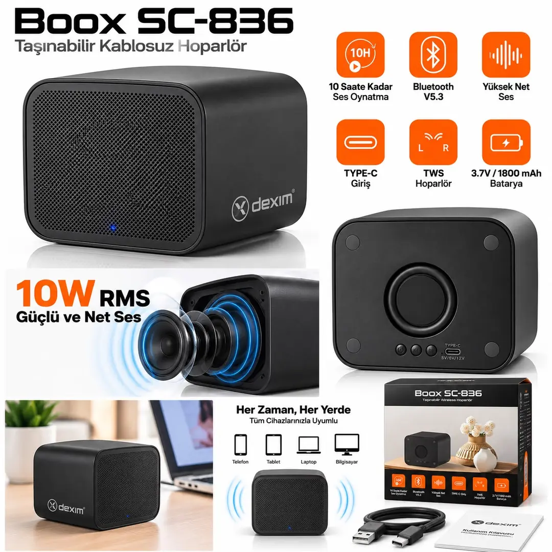 Dexim DBS002 Boox SC-836 10W RMS Bluetooth 5.3 Kablosuz Taşınabilir Hoparlör, TWS, USB Type- 5