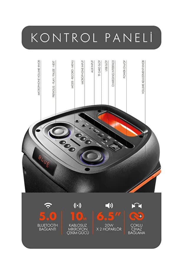 Powerway Duo Taşınabilir Mikrofonlu 20x2 W Karaoke Ses Kayıt Bluetooth Hoparlör 3