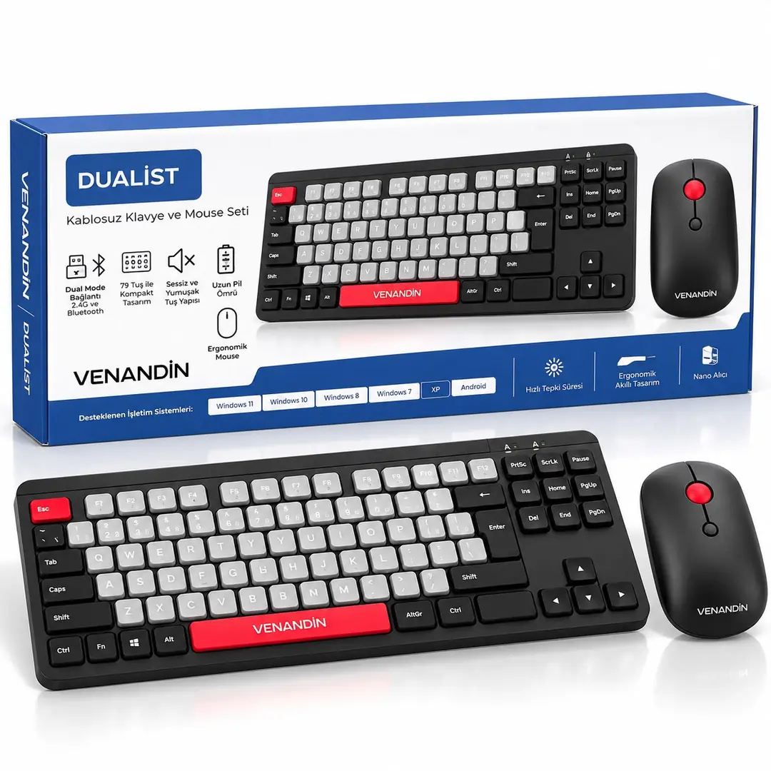 VENANDİN Dualist Kablosuz Klavye Mouse Seti – Bilgisayar ve Tablet Uyumlu, Bluetooth + 2.4G, Türkçe Q 4