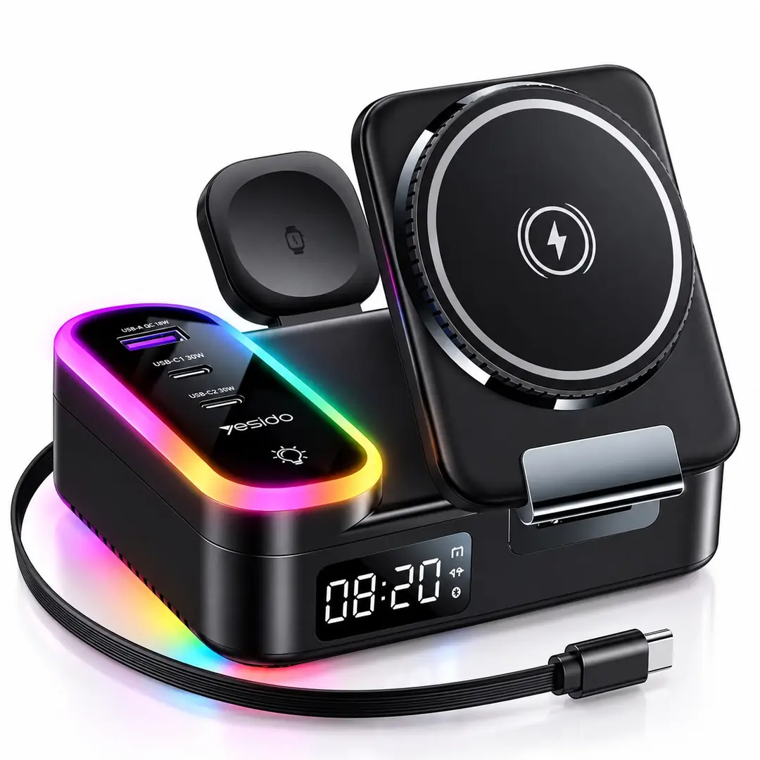 Yesido DS38 65W 8’i 1 Arada Kablosuz Şarj İstasyonu, RGB Işıklı Dijital Saatli, MagSafe Uyumlu, USB-C PD ve USB-A QC Hızlı Şar