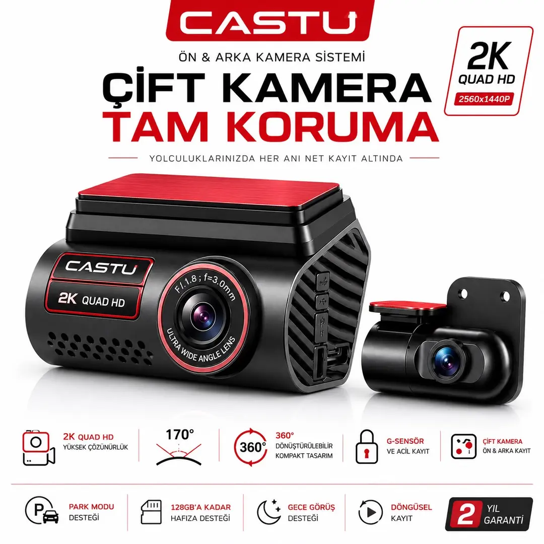 Castu Traffic 2K Ön ve Arka Araç kamerası 2 hediyeli VE Sepette 2000₺ ANINDA İNDİRİM 2