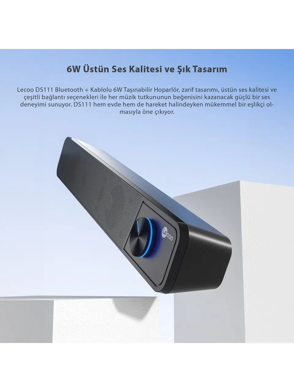 Lecoo DS111 Bluetooth + Kablolu 6W Masaüstü Taşınabilir Stereo Soundbar Hoparlör Siyah 8