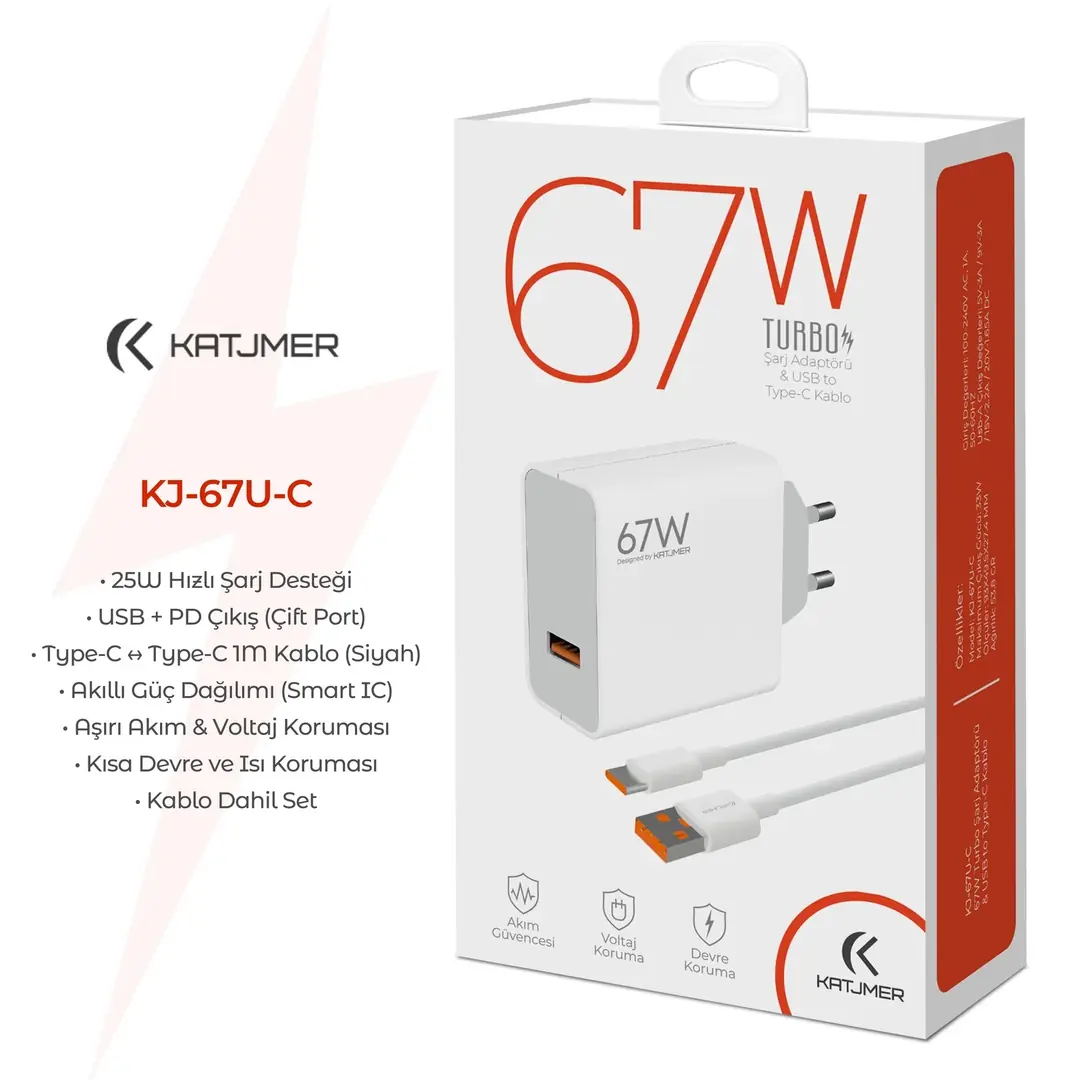 KATJMER KJ-67U-C USB'li 67W Şarj Adaptörü ve Type-C Kablo 2