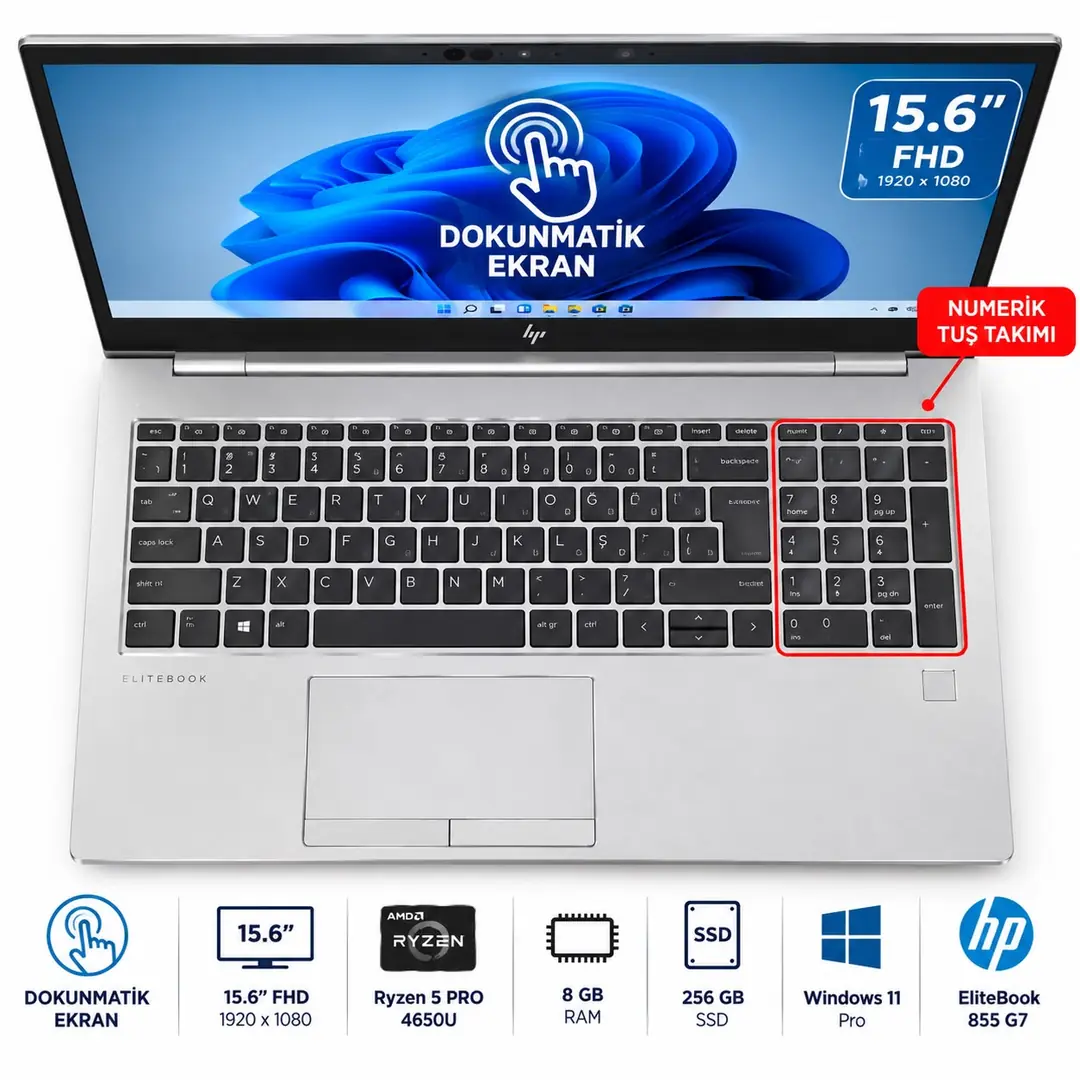 HP EliteBook 855 G7 Ryzen 5 PRO 4650U 8GB 256GB SSD 15.6” FHD Dokunmatik Windows 11 Pro Laptop 2