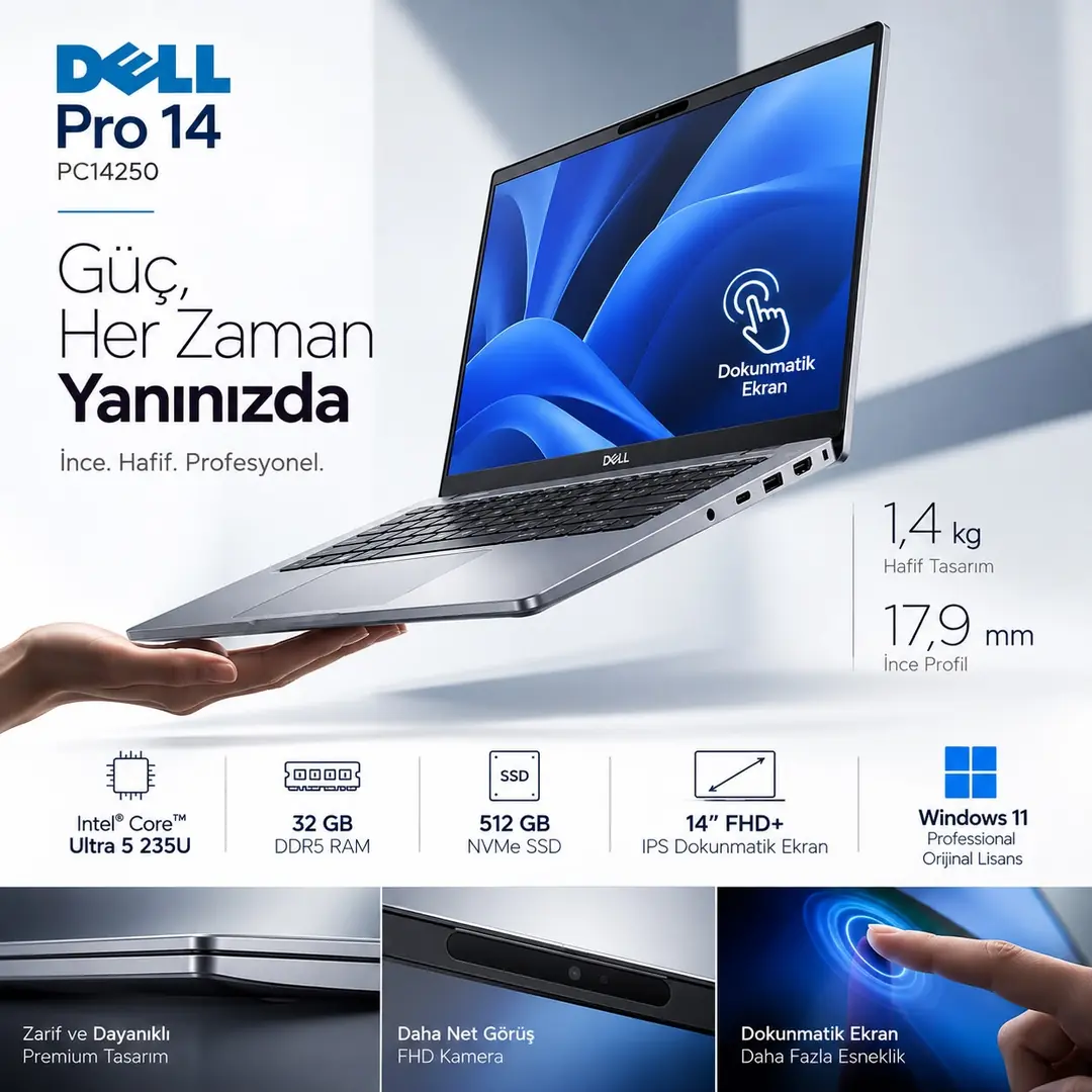Dell Pro 14 PC14250 Intel Core Ultra 5 235U 32GB RAM 512GB SSD 14″ FHD+ Dokunmatik Ekran Orijinal Windows Profesyonel Laptop 5