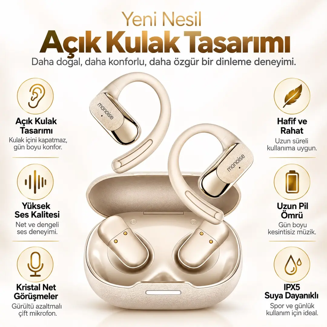 MONOISE P-G2 Gold AI Çeviri Kulaklığı Bluetooth 5.4 OWS 140+ Dil Adaptive