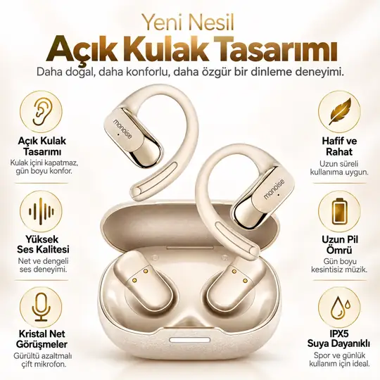 MONOISE P-G2 Gold AI Çeviri Kulaklığı Bluetooth 5.4 OWS 140+ Dil Adaptive