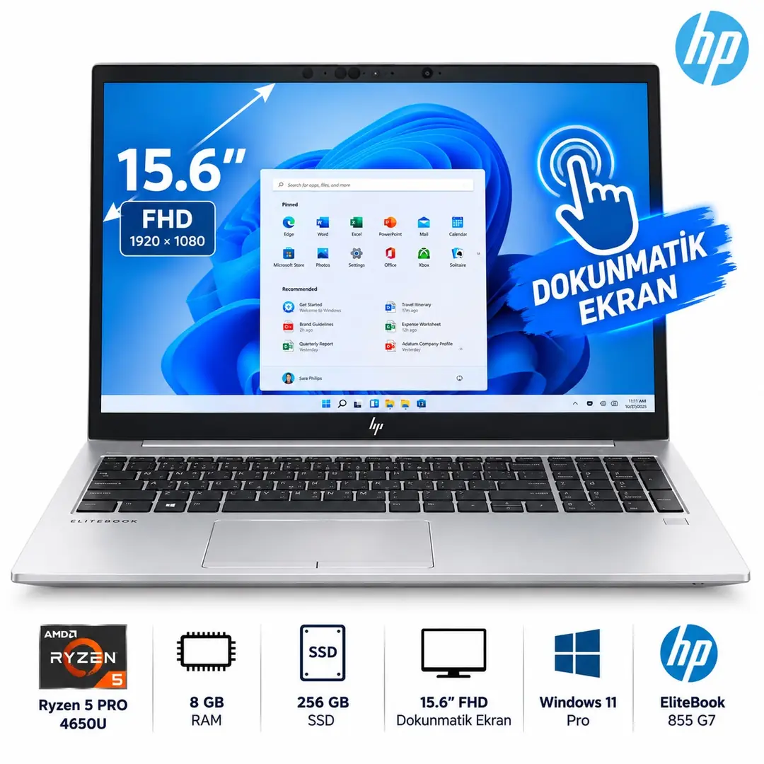 HP EliteBook 855 G7 Ryzen 5 PRO 4650U 8GB 256GB SSD 15.6” FHD Dokunmatik Windows 11 Pro Laptop