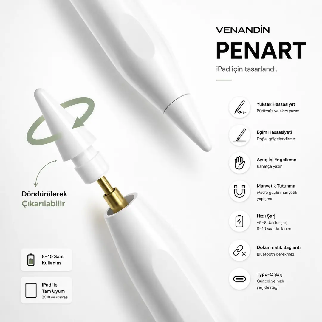 VENANDIN PENART iPad Kalemi – Stylus Pen – Basınç/Eğim Hassasiyeti, Avuç İçi Engelleme, Manyetik, Type-C 2