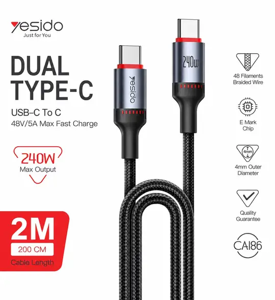 Yesido Dual Type-C/To Type-C 48V/5A Süper Hızlı Şarj ve Veri Kablo