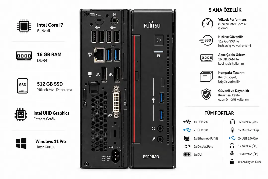 Fujitsu Esprimo Q556 Intel Core i7 16GB RAM 512GB SSD Mini PC (Windows 11 Pro Yüklü) 2