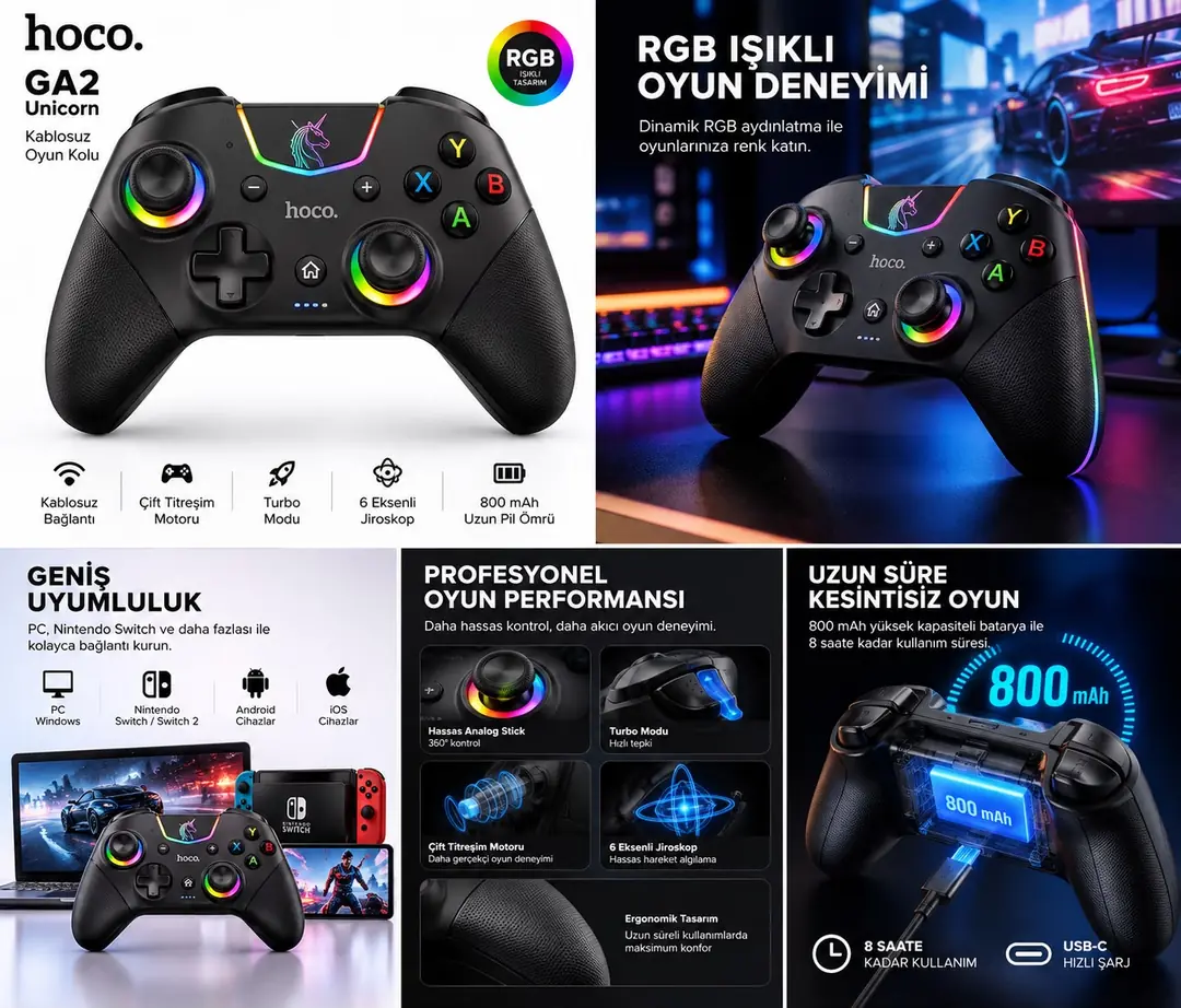HOCO GA2 Unicorn RGB Işıklı Kablosuz Oyun Kolu – Renkli LED Aydınlatmalı Gaming Gamepad 6