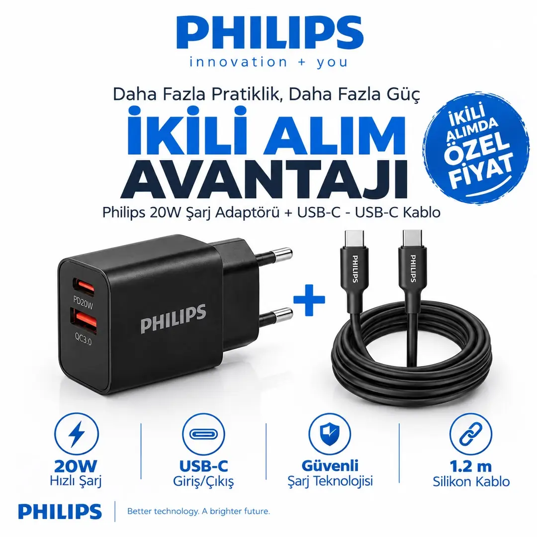 Philips 20W Hızlı Şarj Adaptörü + USB-C Kablo 1.2m | İkili Alım Avantajı 2