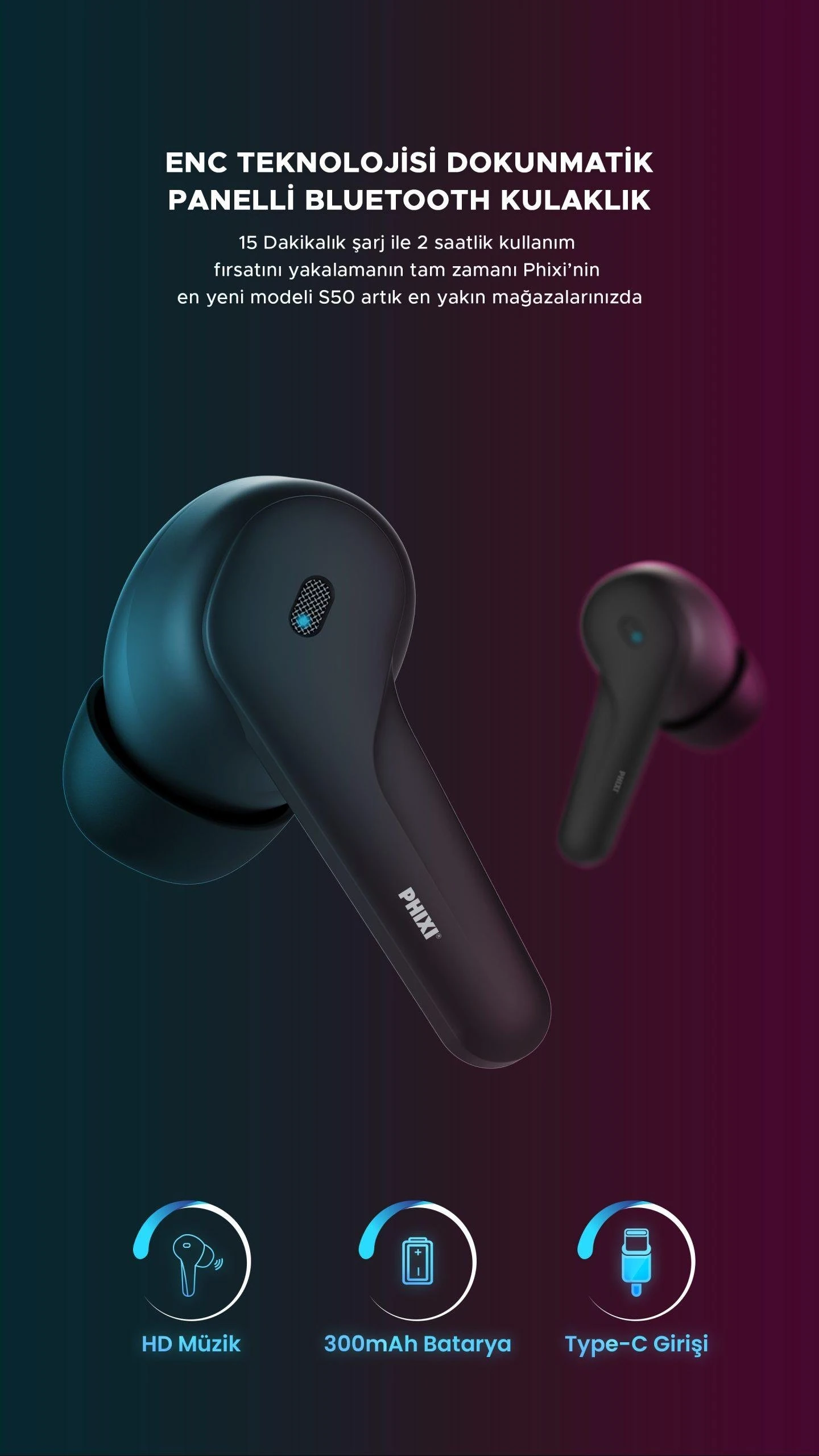 Phixi Force S50 ENC Dokunmatik Panelli Bluetooth Kulaklık