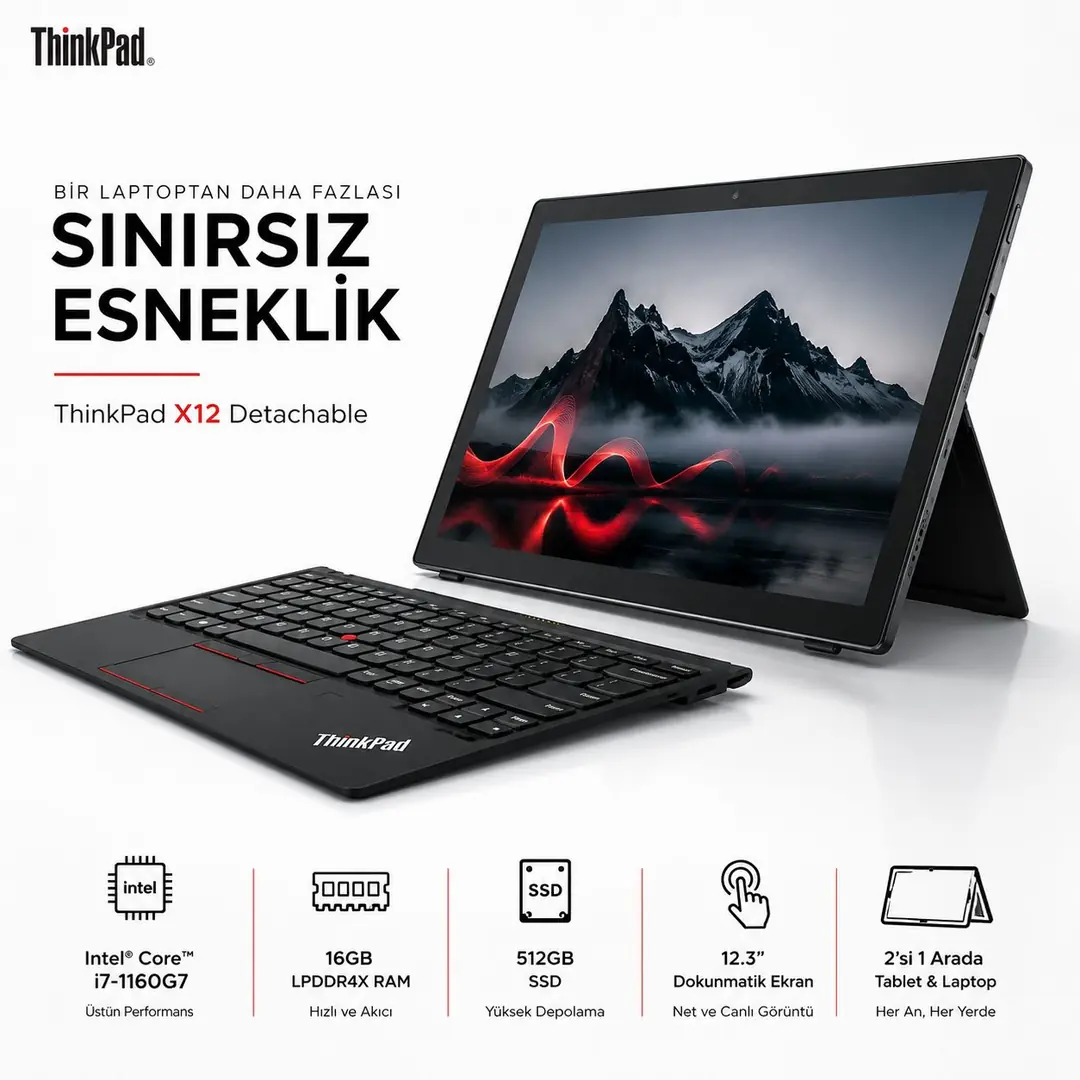 Lenovo ThinkPad X12 Detachable i7-1160G7 16GB RAM 512GB SSD 12.3” FHD+ Dokunmatik 2’si 1 Arada Tablet Laptop 3