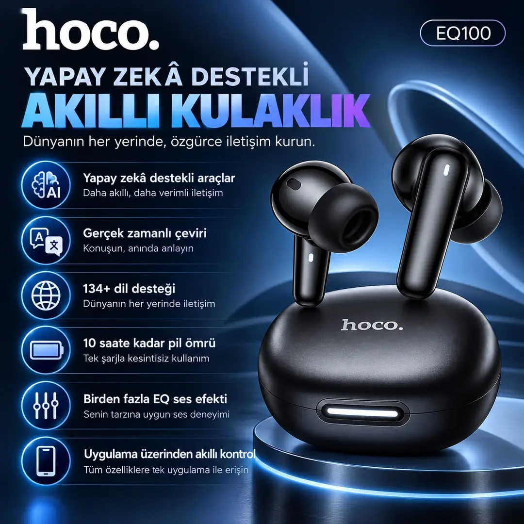 HOCO EQ100 AI Çeviri Kulaklığı Bluetooth 5.4 TWS Kablosuz Kulak İçi Kulaklık, 134+ Dil Çeviri, 35 Saat Pil Ömrü, Uygulama Kontrollü  5