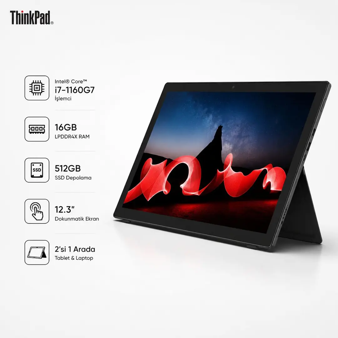 Lenovo ThinkPad X12 Detachable i7-1160G7 16GB RAM 512GB SSD 12.3” FHD+ Dokunmatik 2’si 1 Arada Tablet Laptop 2
