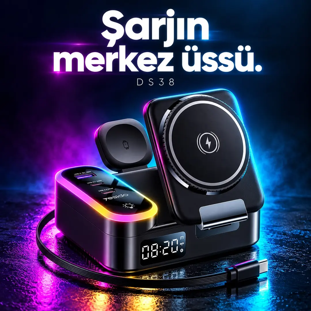 Yesido DS38 65W 8’i 1 Arada Kablosuz Şarj İstasyonu, RGB Işıklı Dijital Saatli, MagSafe Uyumlu, USB-C PD ve USB-A QC Hızlı Şar 2