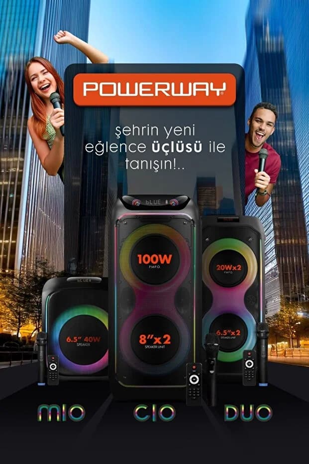 Powerway Duo Taşınabilir Mikrofonlu 20x2 W Karaoke Ses Kayıt Bluetooth Hoparlör 7