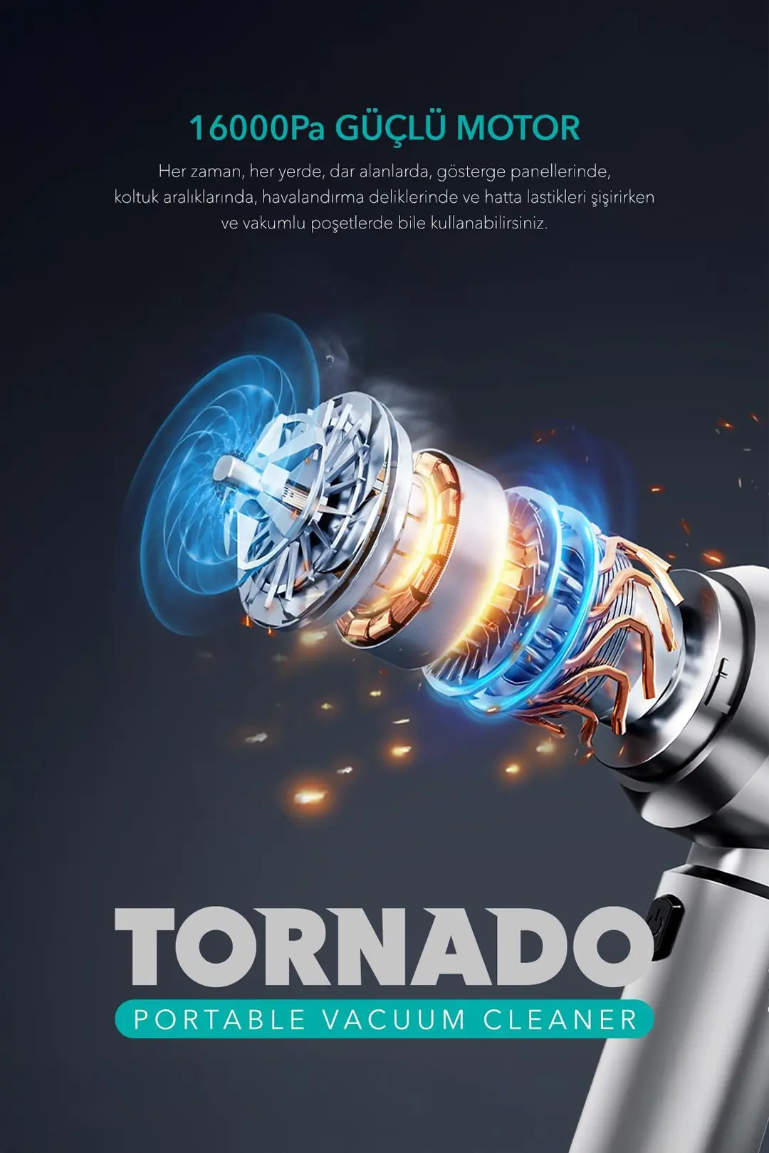 Tornado 100W Şarjlı Kablosuz Araç İçi Süpürge GARANTİLİ 4