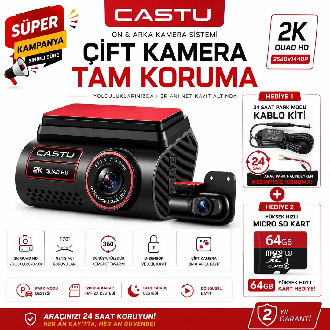 Castu Traffic 2K Ön ve Arka Araç kamerası 2 hediyeli VE Sepette 2000₺ ANINDA İNDİRİM