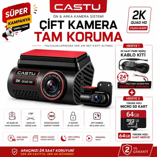 Castu Traffic 2K Ön ve Arka Araç kamerası 2 hediyeli VE Sepette 2000₺ ANINDA İNDİRİM