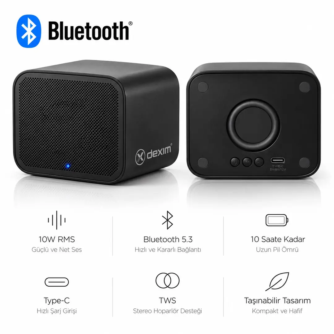 Dexim DBS002 Boox SC-836 10W RMS Bluetooth 5.3 Kablosuz Taşınabilir Hoparlör, TWS, USB Type- 2