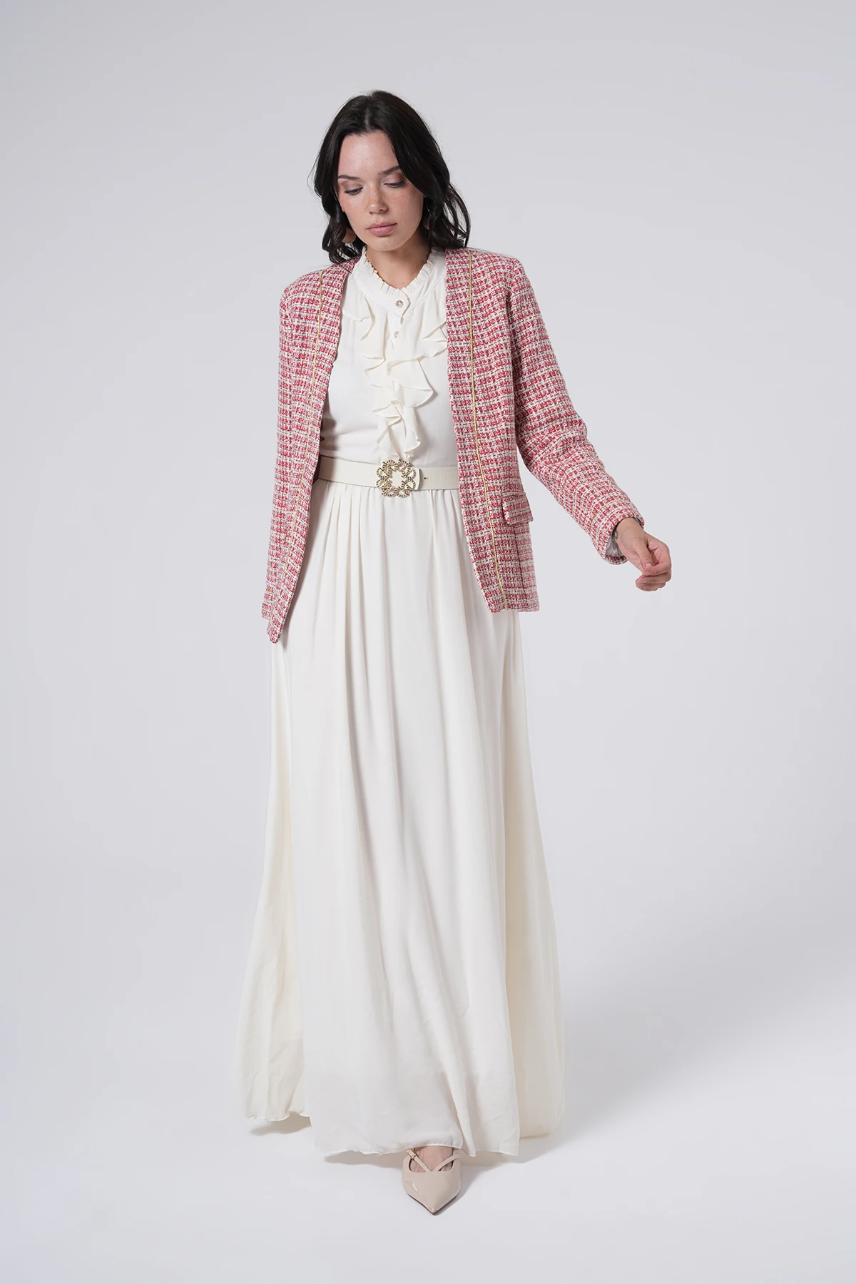 Fırfır Detaylı Kemerli Uzun Elbise