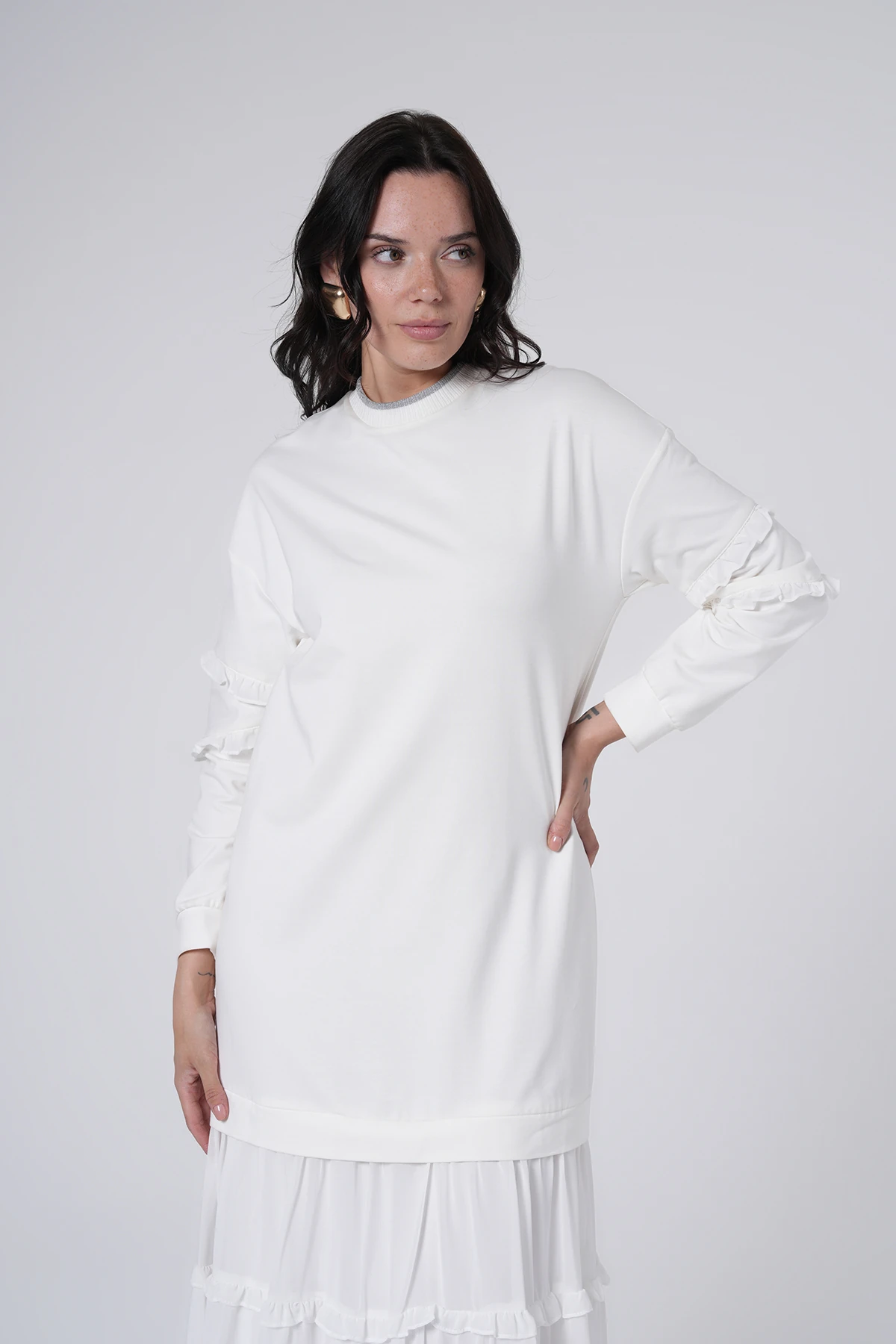 Fırfır Detaylı Kat Uzun Elbise