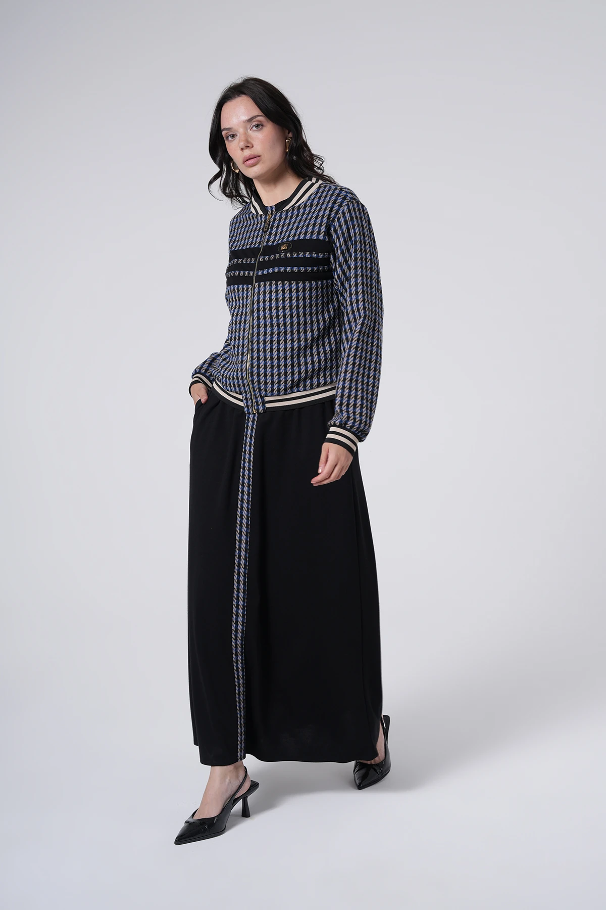 Desenli Ceketli Uzun Elbise Takım