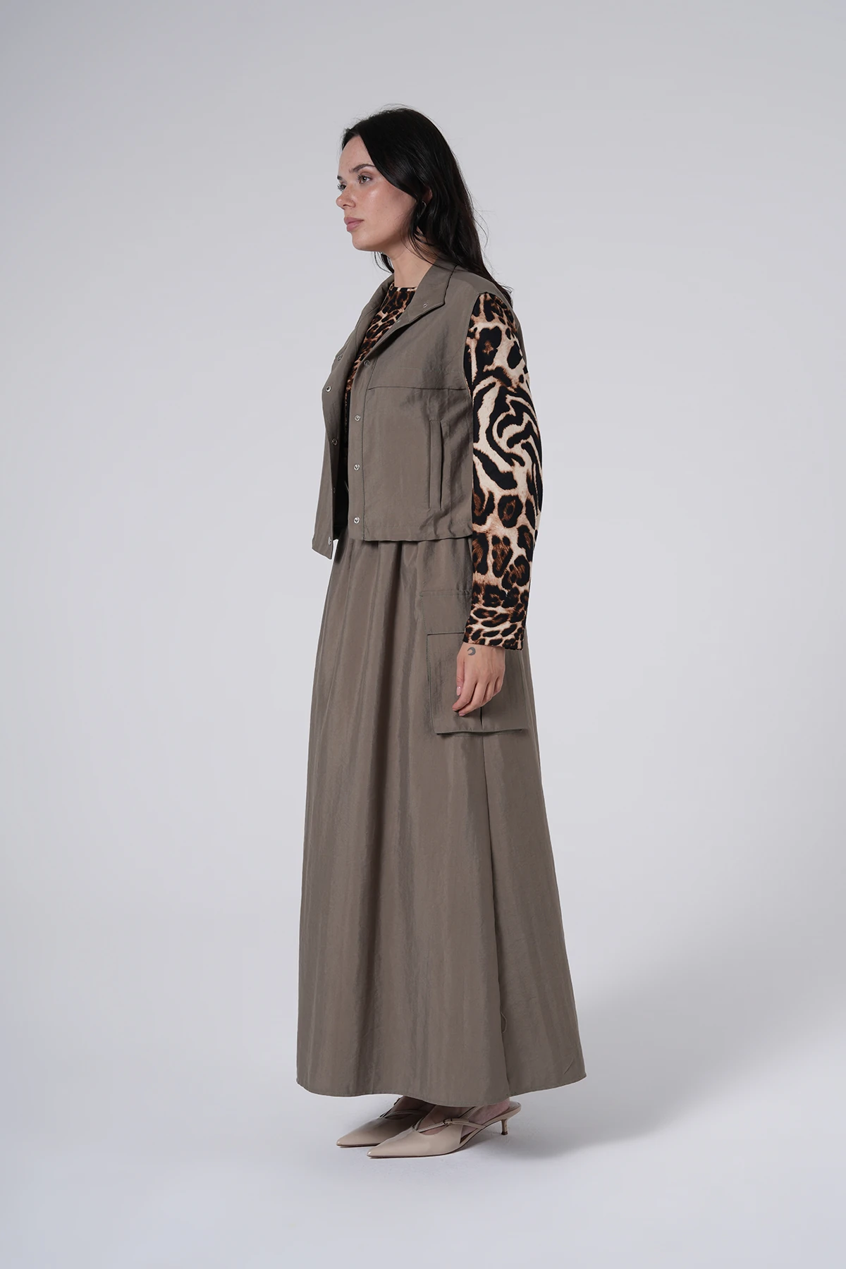 Cepli Yelek Detaylı Uzun Etek Takım