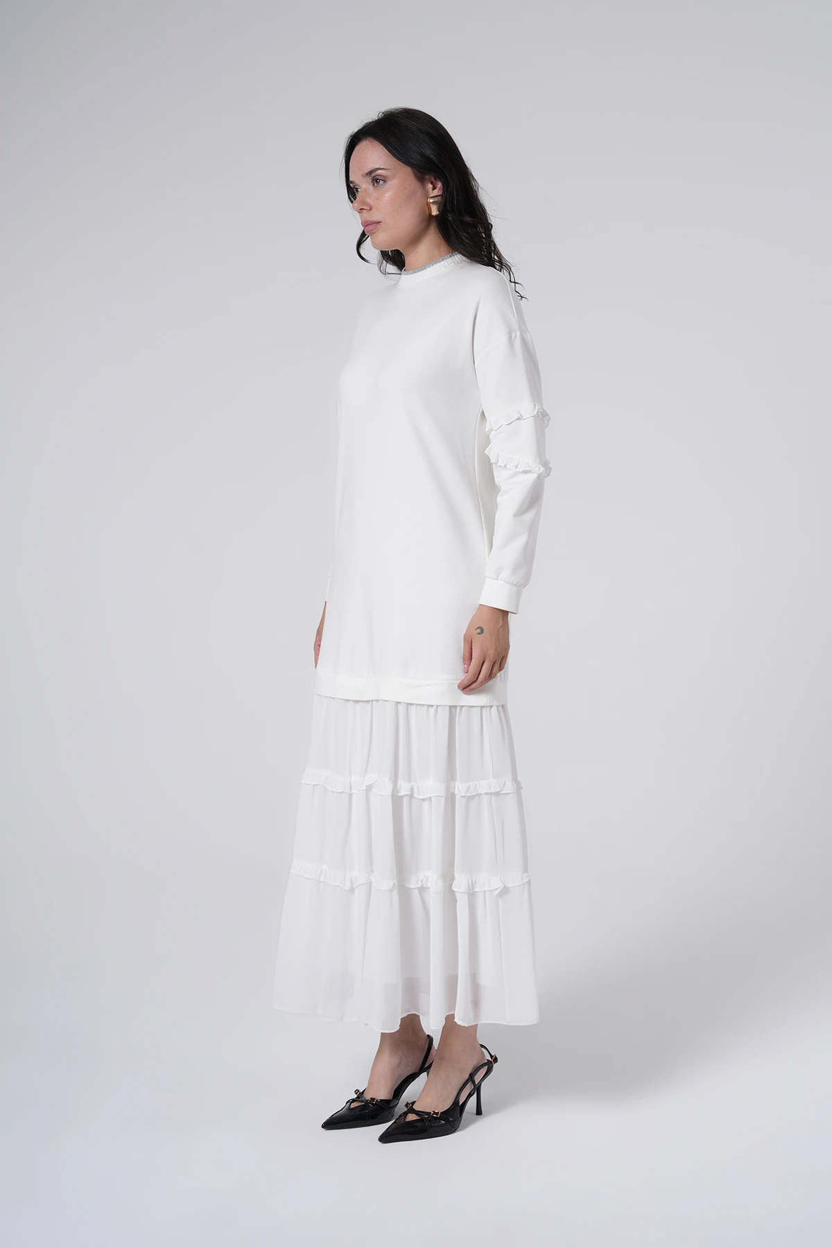 Fırfır Detaylı Kat Uzun Elbise