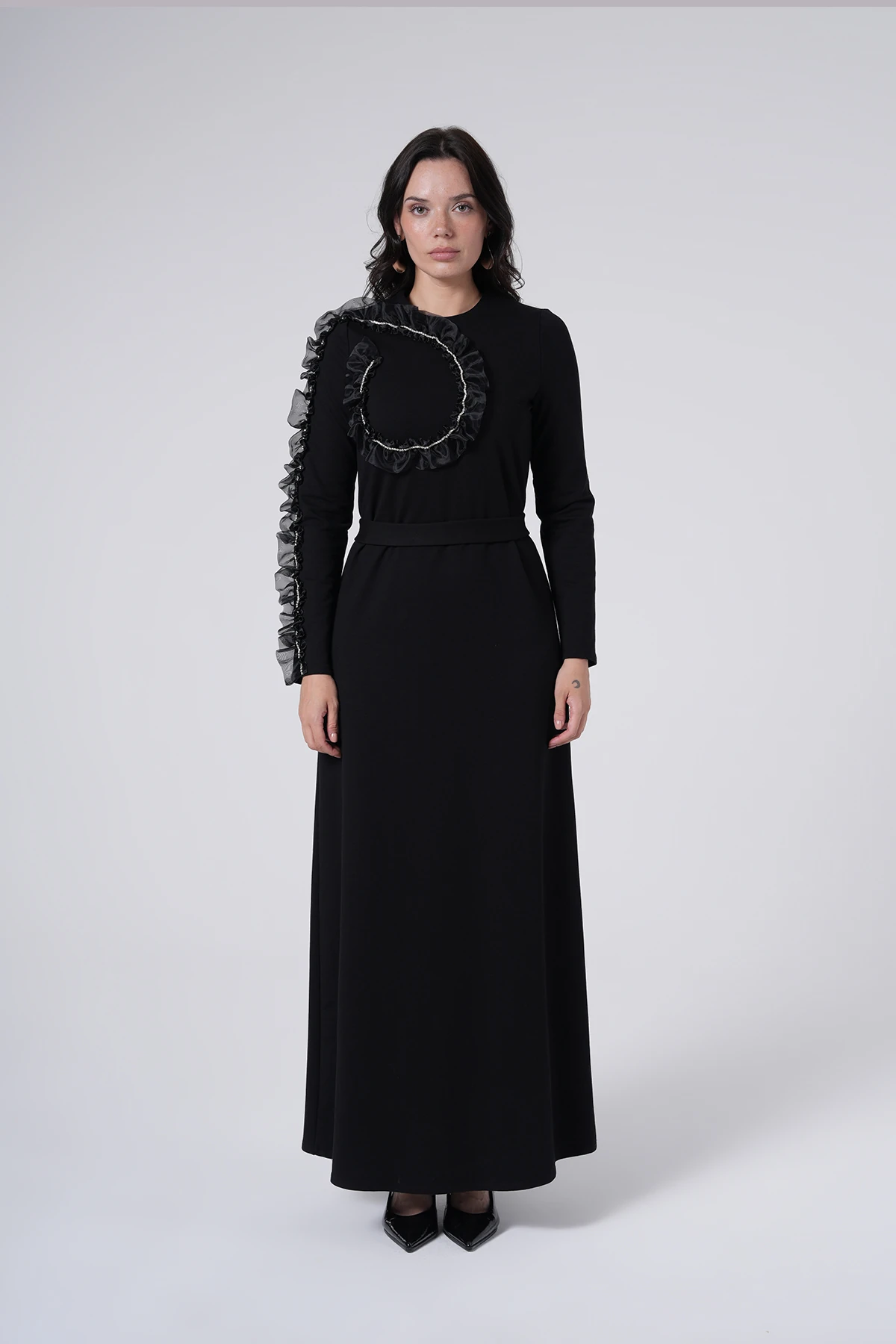 Volan Detaylı Uzun Elbise