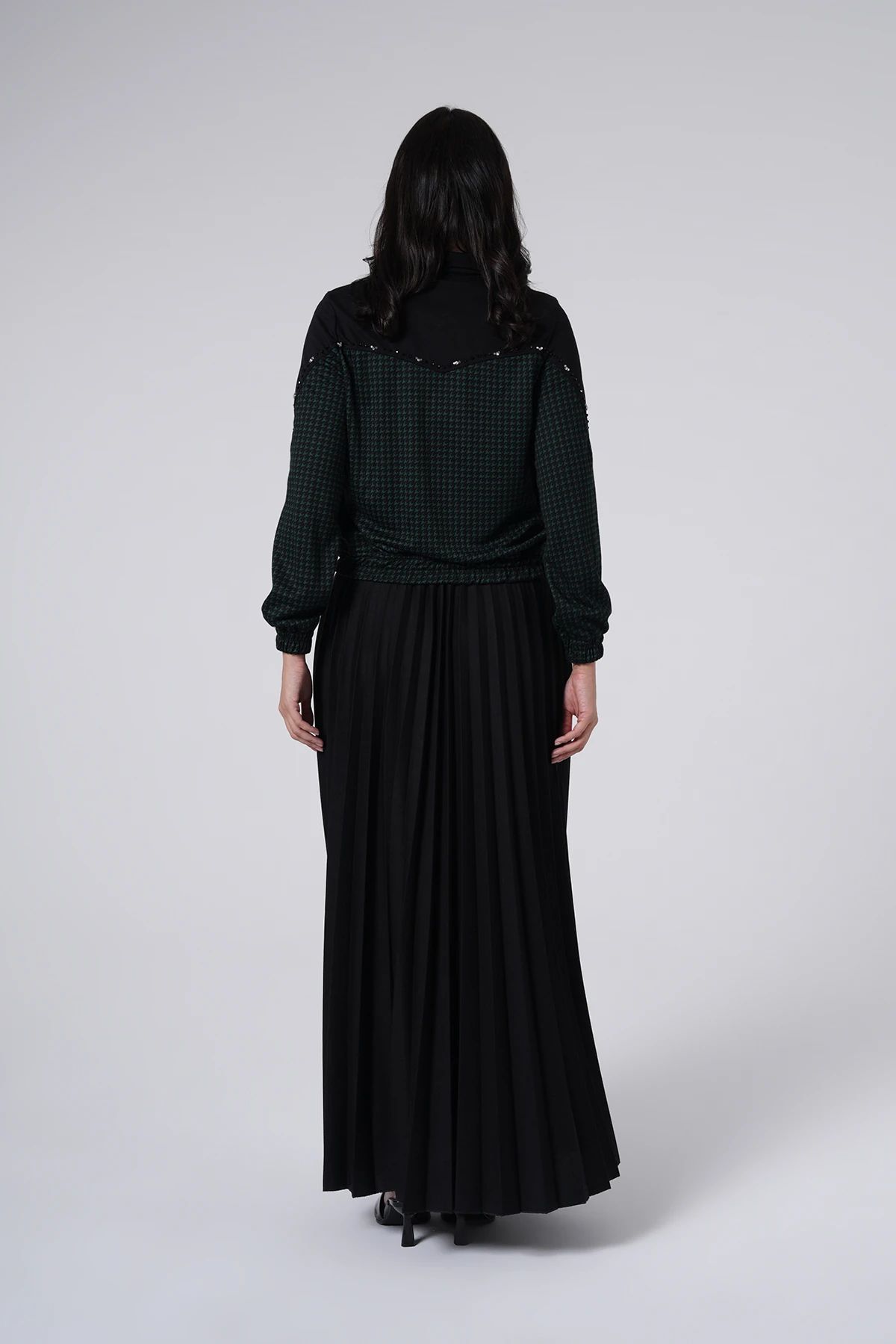 Desenli Fermuarlı Ceketli Pileli Takım