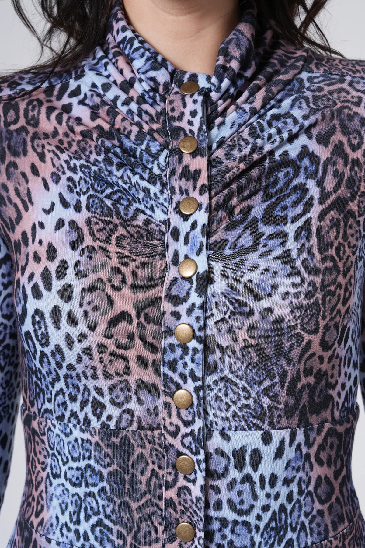 Leopar Desenli Düğmeli Uzun Elbise