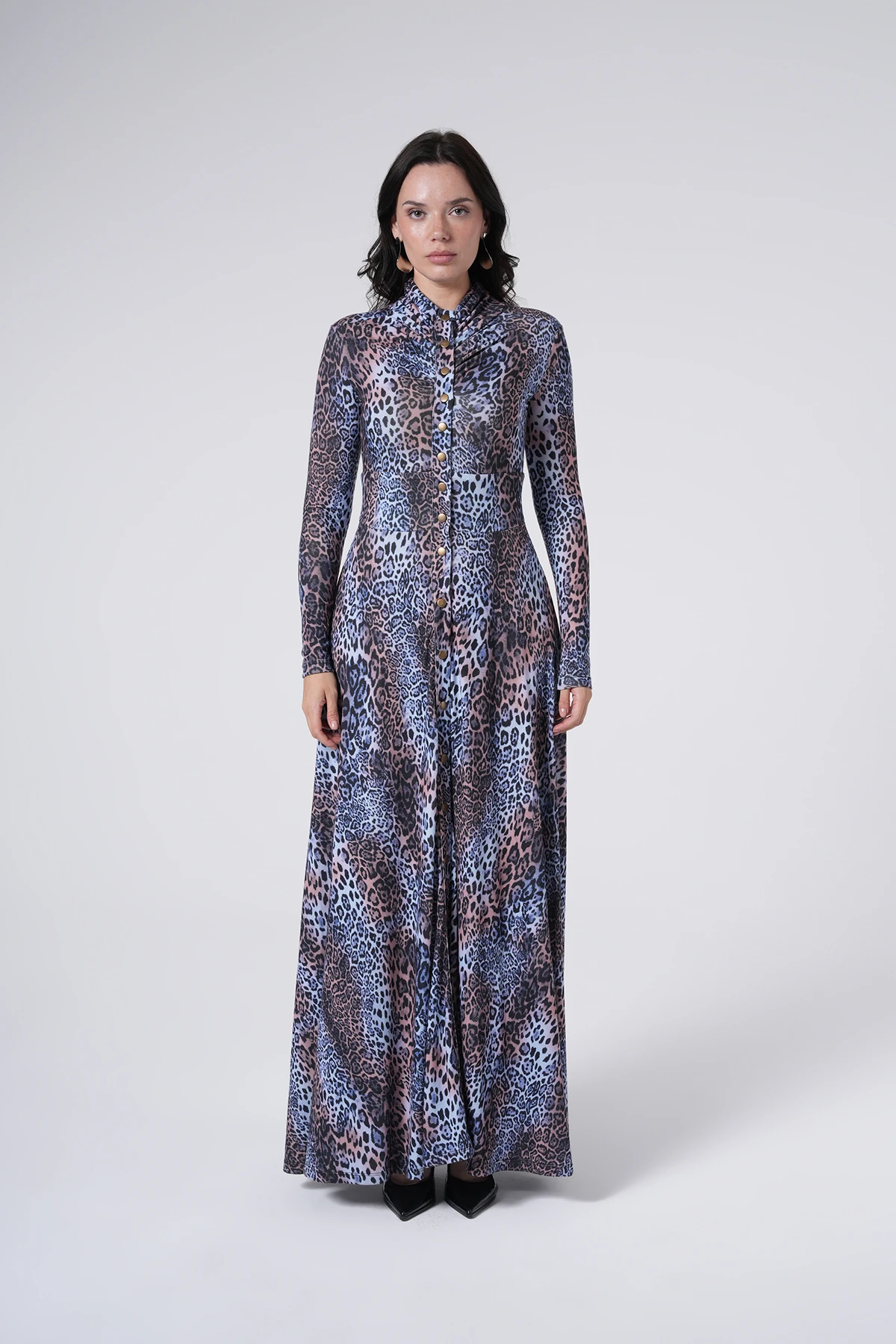 Leopar Desenli Düğmeli Uzun Elbise