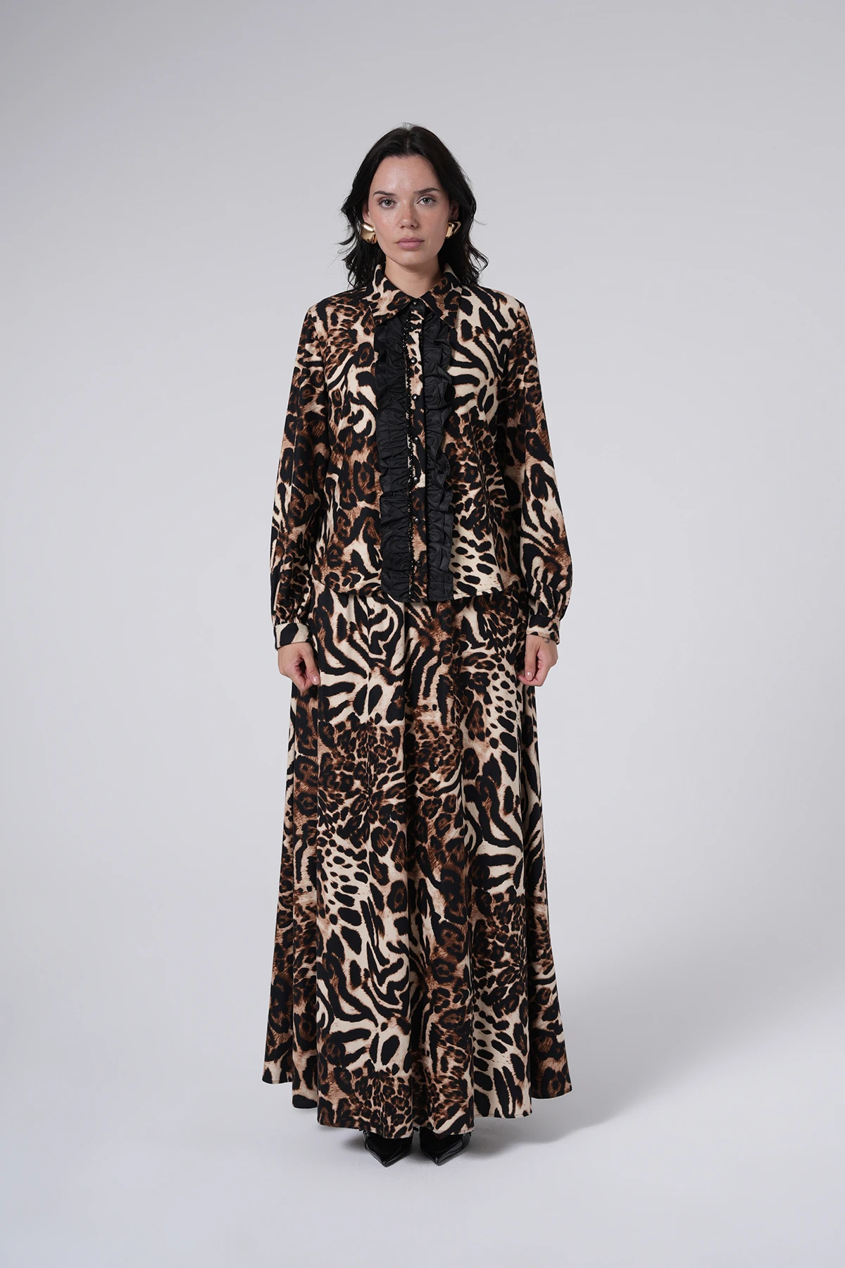 Leopar Desenli Fırfır Detaylı Uzun Takım