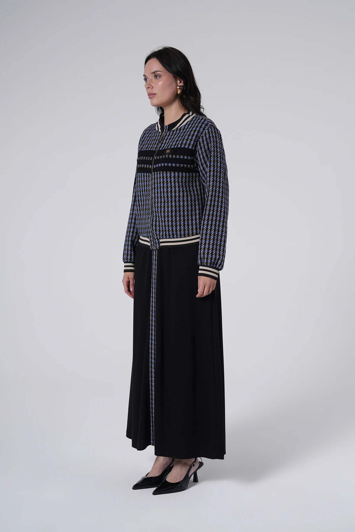 Desenli Ceketli Uzun Elbise Takım