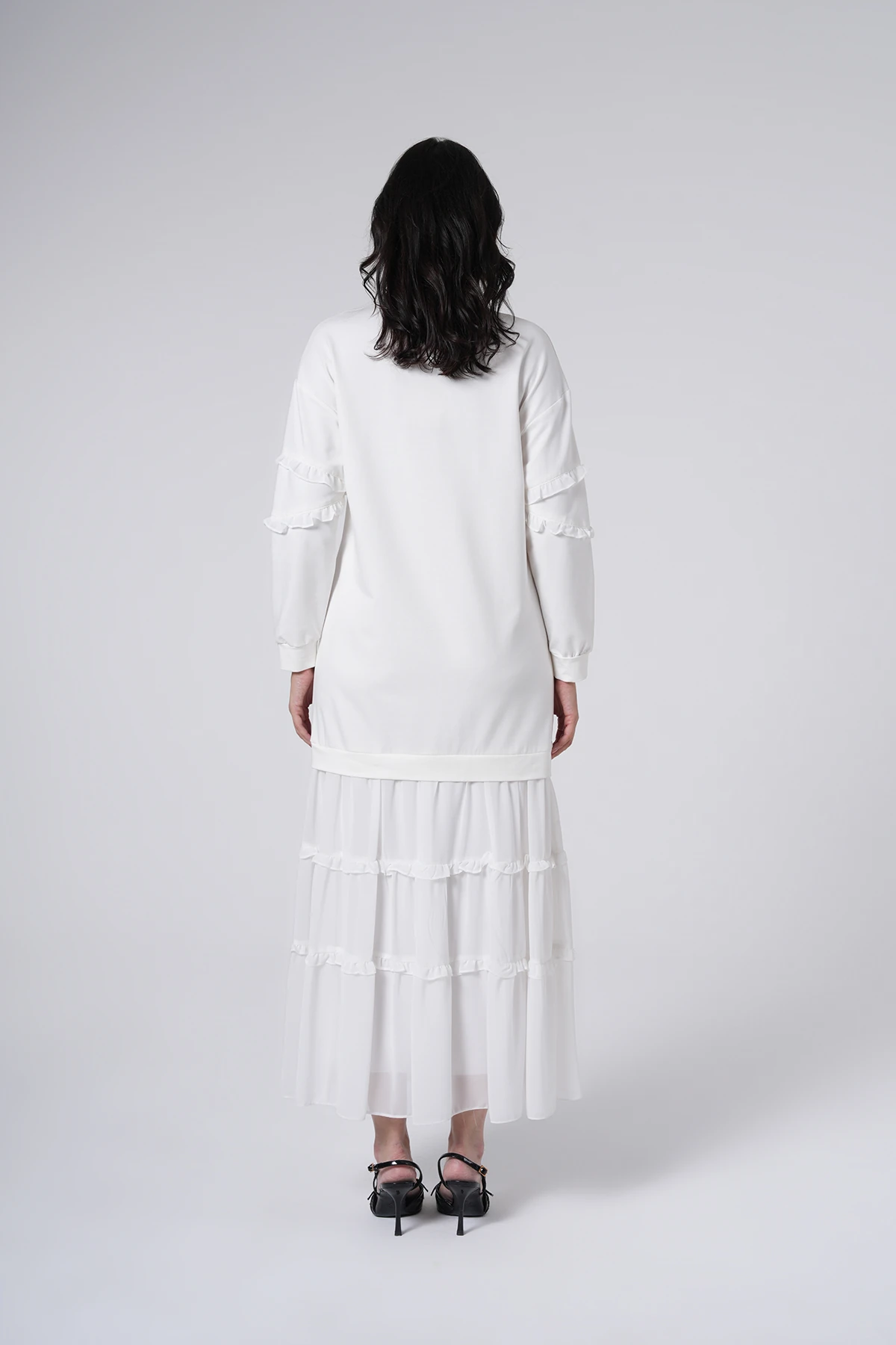 Fırfır Detaylı Kat Uzun Elbise