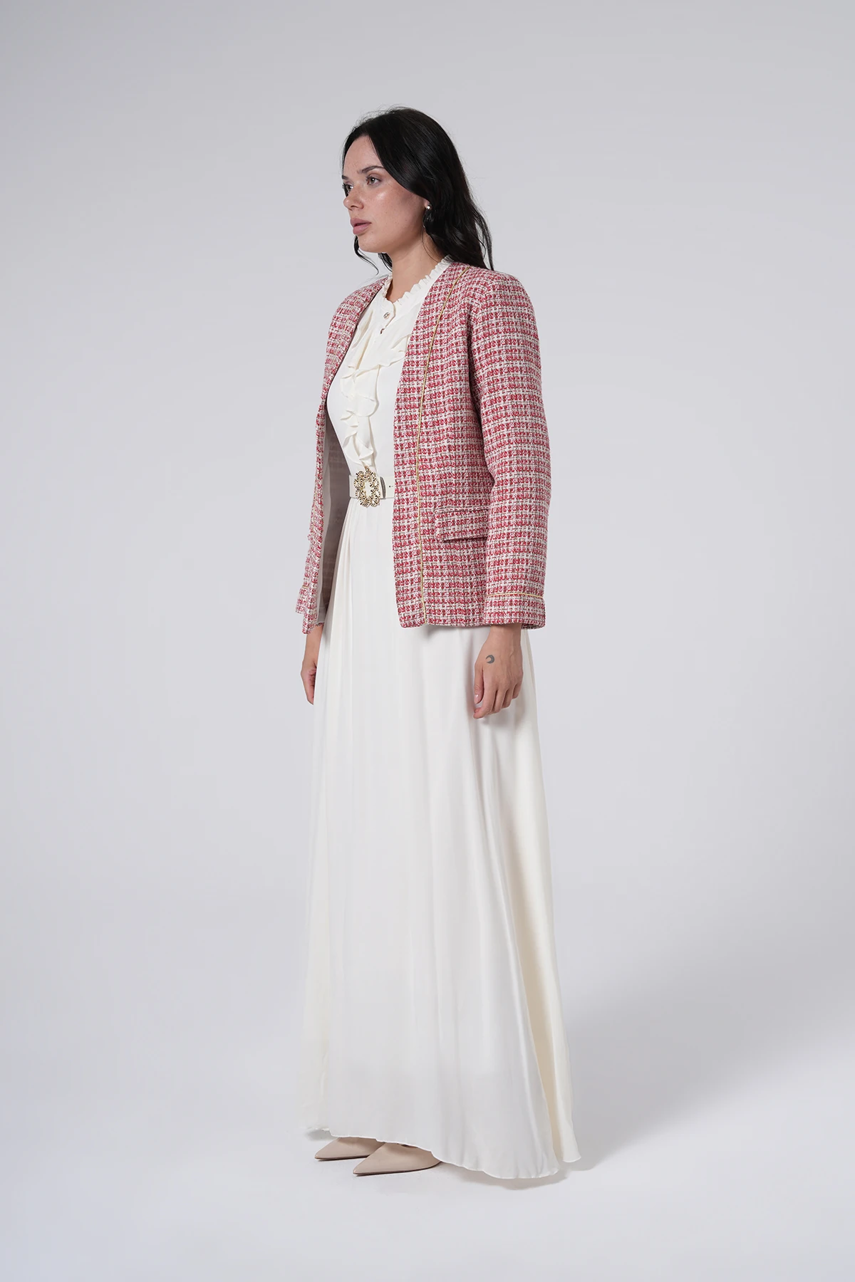 Fırfır Detaylı Kemerli Uzun Elbise