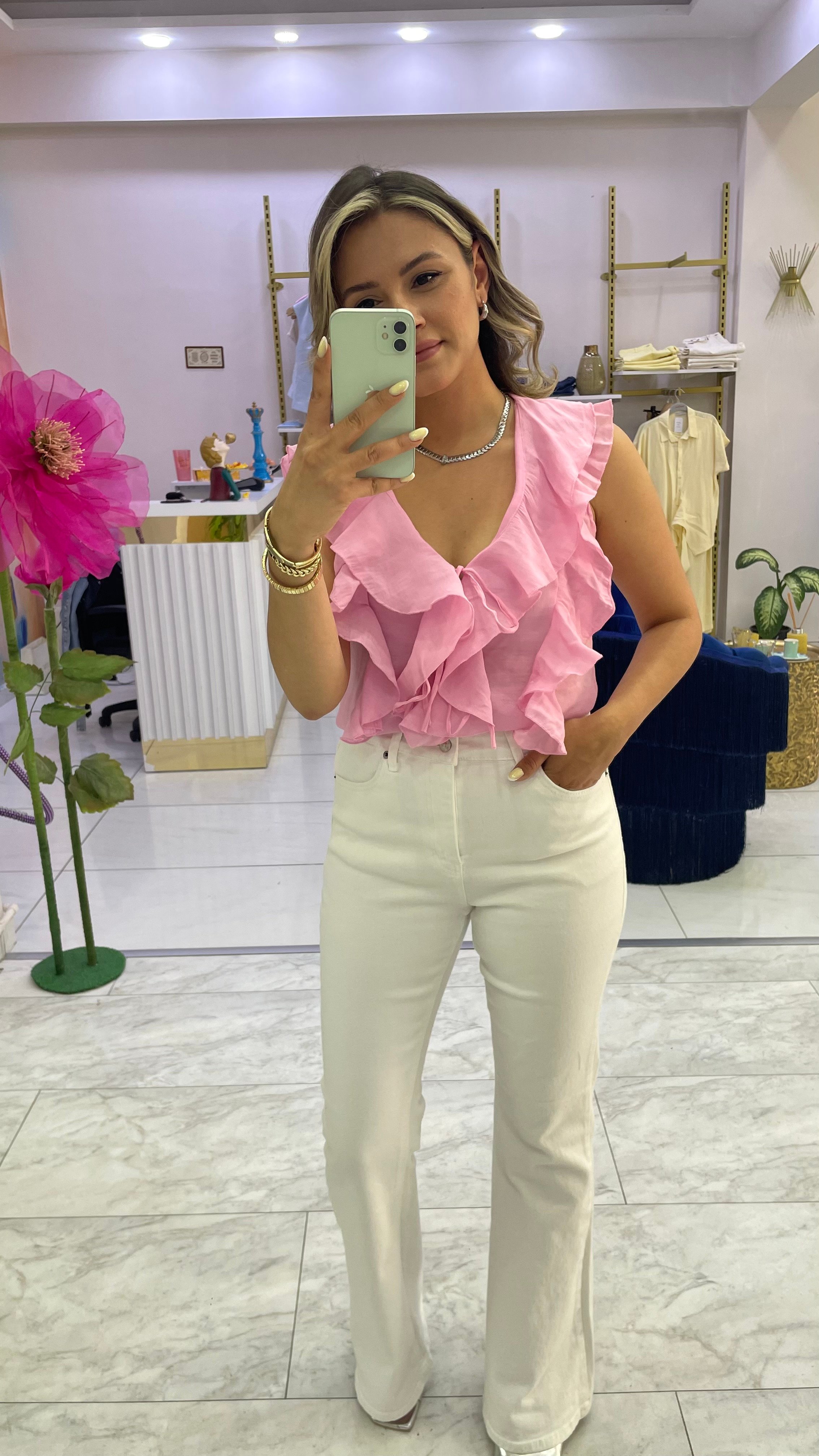 fırfırlı pembe bluz