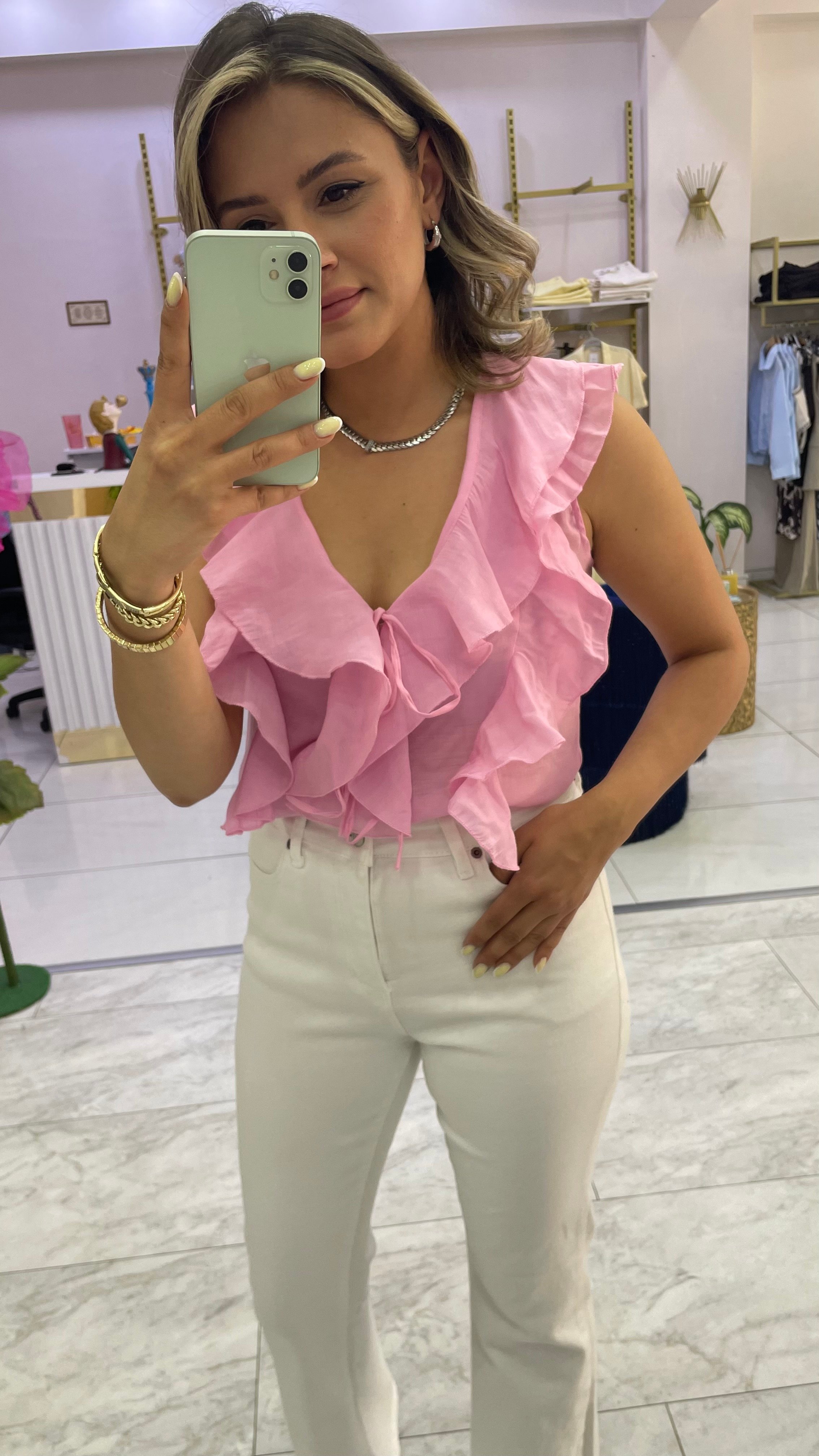 fırfırlı pembe bluz