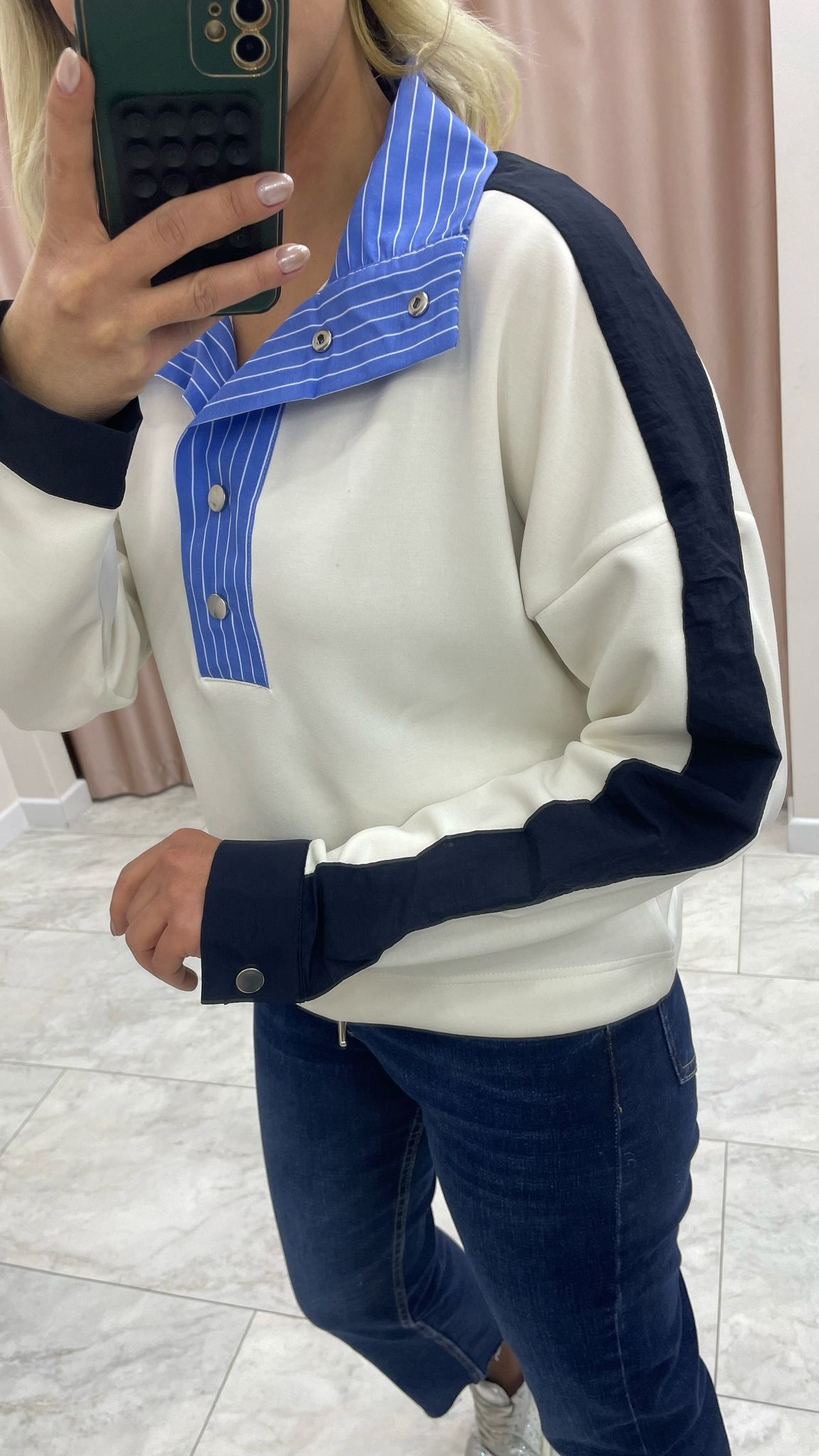 Yanı Paraşüt Detaylı Çizgili Dik Yaka Modal Sweatshirt